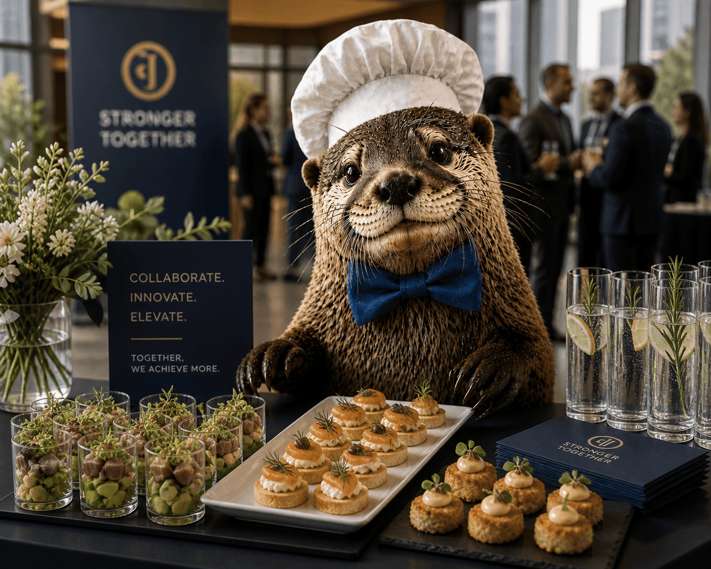 Ginger the otter overseeing a refined corporate event with chef-curated bites and signature beverages