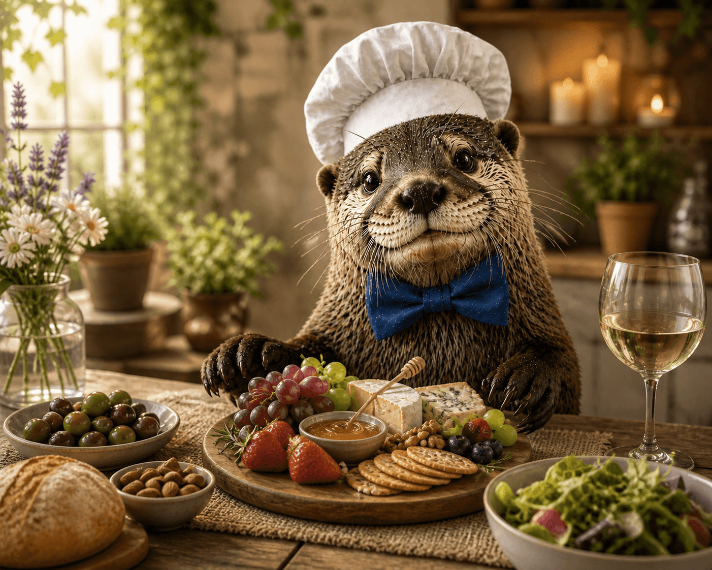 Ginger the otter at a charcuterie spread