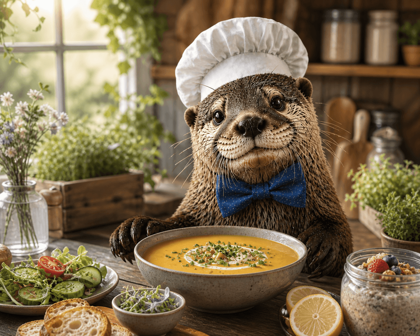 Ginger the otter in a cozy kitchen plating a tasting course