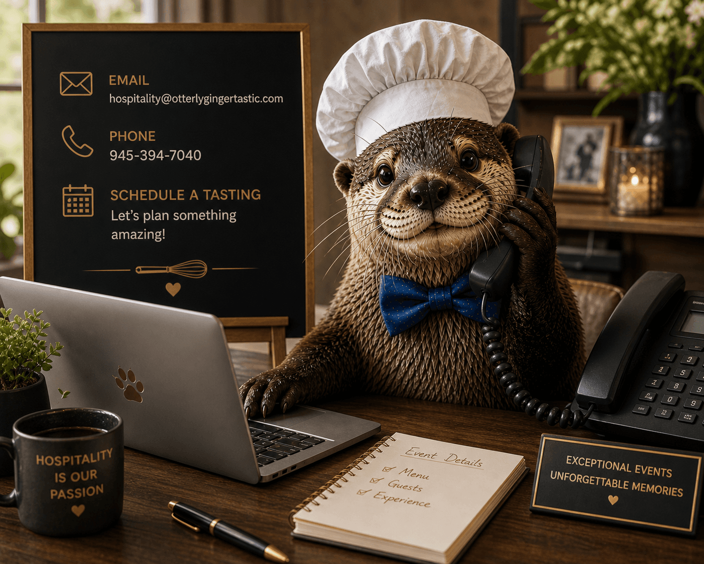 Ginger the otter at a desk ready to take your event inquiry
